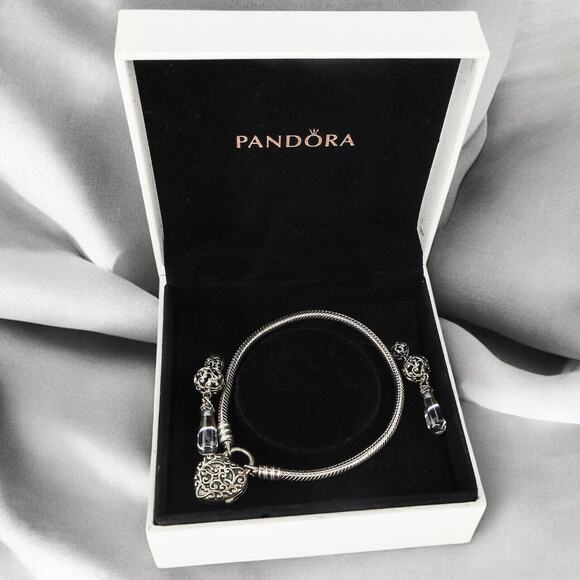 Pandora Regal Heart Padlock Smooth Silver Bracelet 7.1 In & Droplet Earrings Set - Picture 1 of 7